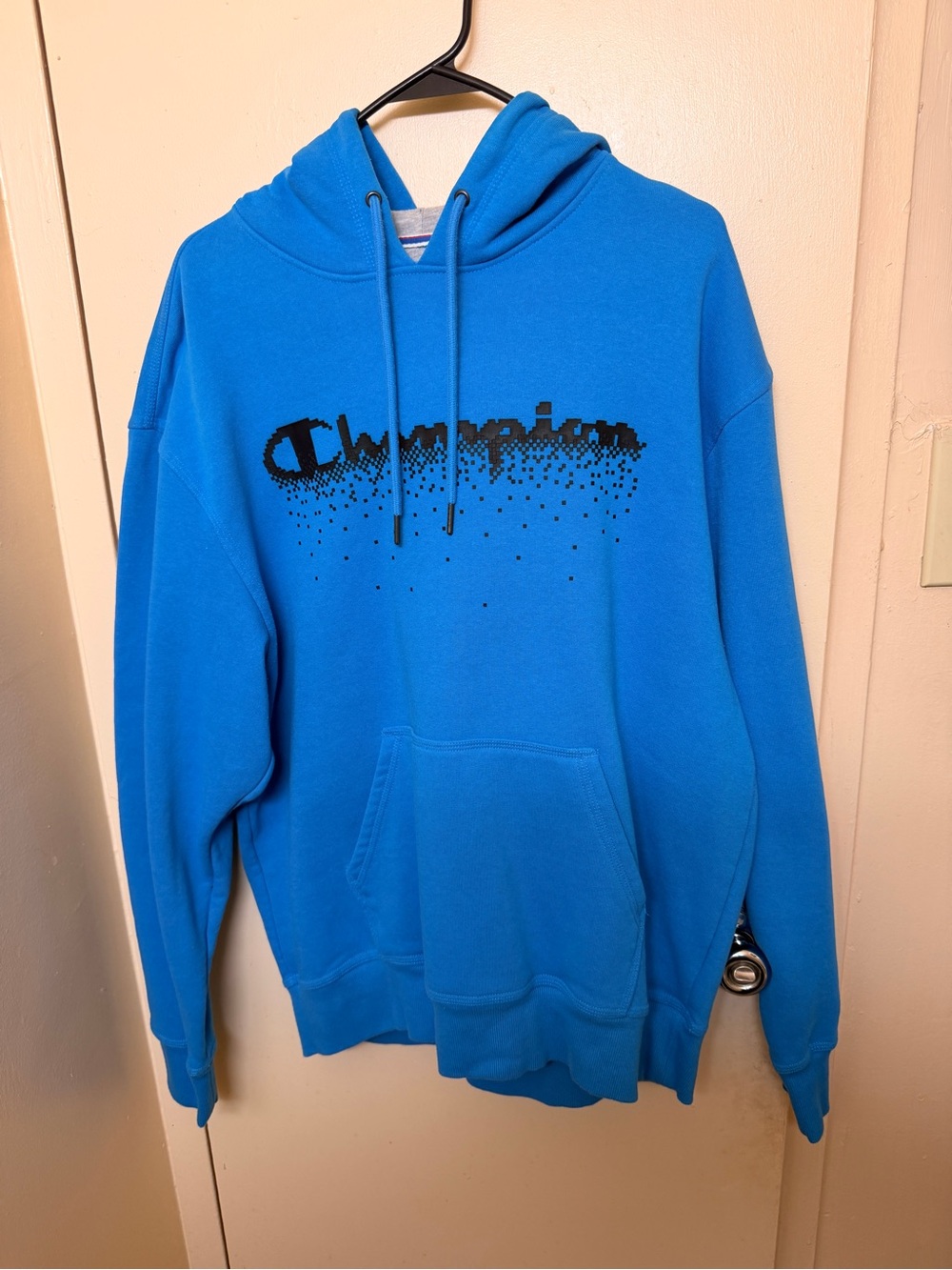 Champion Blue Pullover Hoodie Splatter Script Logo Size L